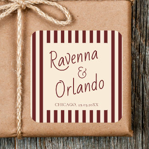 Pegatina Cuadrada Bodas minimalistas retro con rayas de color burdeo