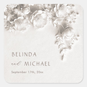 Pegatina Cuadrada Bodas Minimalistas Rosas Flores 3D de Marfil