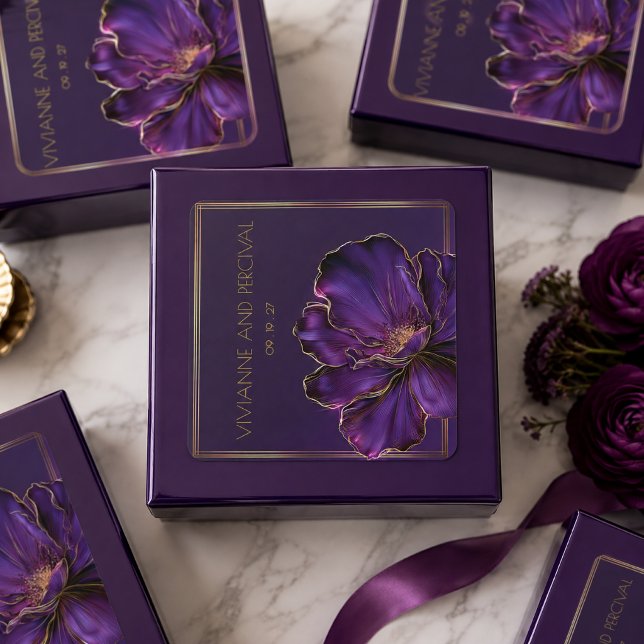Pegatina Cuadrada Bodas Moradas Violetas Luminosas Modernas  (Purple Violet Favor Stickers )