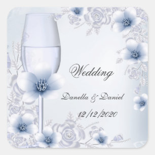 Pegatina Cuadrada Bodas Rosas Florales de Plata y Azul