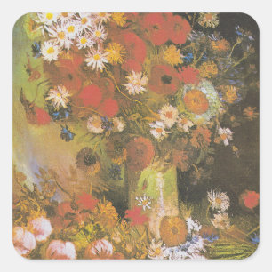 Pegatina Cuadrada Bodegón floral de Van Gogh Amapolas y rosas rojas