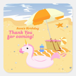 Pegatina Cuadrada Bodyboard chica fiesta de cumpleaños de la playa