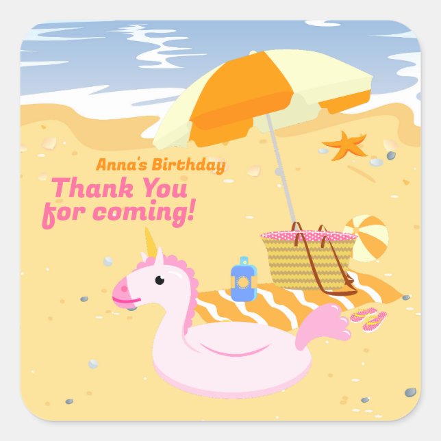 Pegatina Cuadrada Bodyboard chica fiesta de cumpleaños de la playa (Anverso)