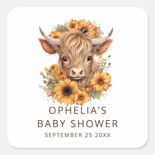 Pegatina Cuadrada Bohemias Highland Cow Sunflowers Baby Shower
