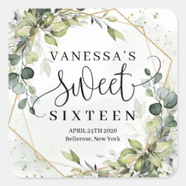 Pegatina Cuadrada Boho acuarela eucalipto oro dulce dieciséis