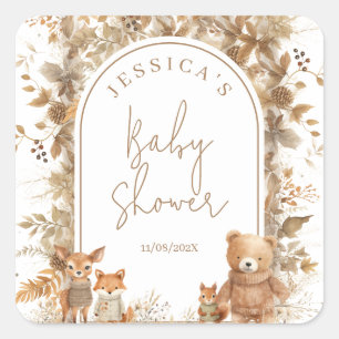 Pegatina Cuadrada Boho Arch Fall Woodland Animals Baby Shower