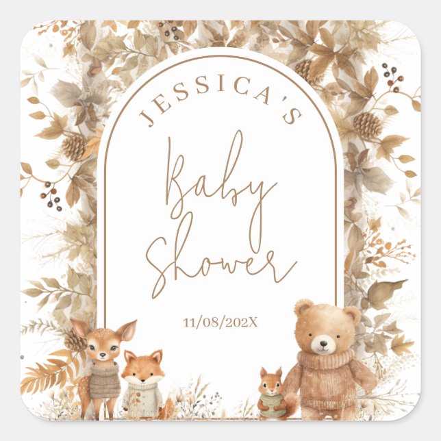 Pegatina Cuadrada Boho Arch Fall Woodland Animals Baby Shower (Anverso)