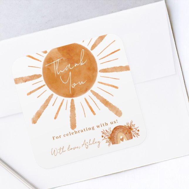 Pegatina Cuadrada Boho arcoiris naranja bebé ducha gracias (Boho sun rainbow orange baby shower thank you square sticker)