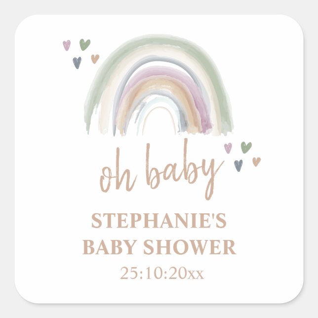 Pegatina Cuadrada Boho  Arcoíris Suave Baby Shower Gracias (Anverso)