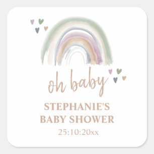 Pegatina Cuadrada Boho Arcoíris Suave Baby Shower Gracias