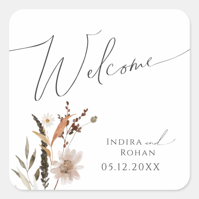 Pegatina Cuadrada Boho Autumn Wildflower | Bienvenida Boda (Anverso)