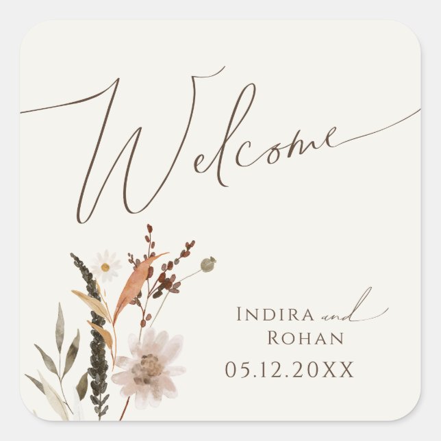 Pegatina Cuadrada Boho Autumn Wildflower | Bienvenida Boda beige (Anverso)