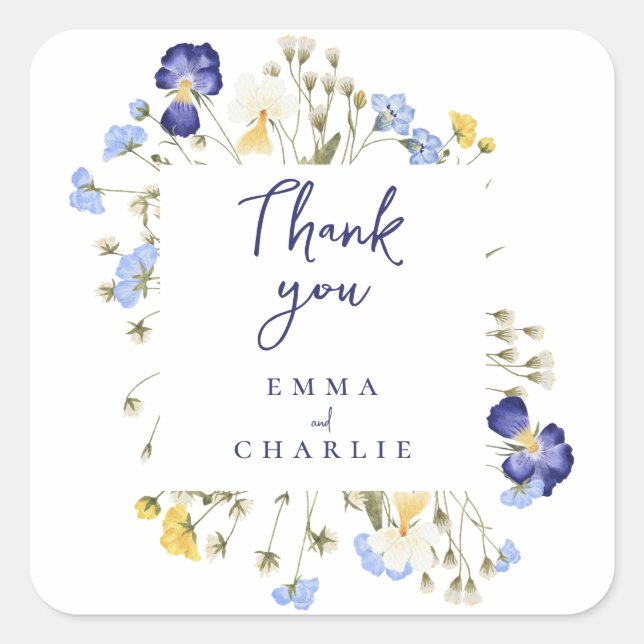 Pegatina Cuadrada Boho azul botánico Wildflowers Rústico boda (Anverso)
