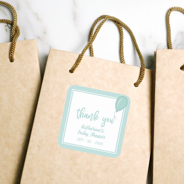 Pegatina Cuadrada BOHO Baby Shower Género Neutral Mint Verde (BOHO Baby Shower Gender-Neutral Mint Green Square Sticker with balloon and polka dots.)