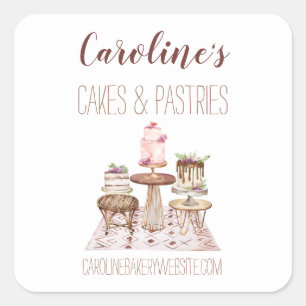 Pegatina Cuadrada Boho Baking Bakery Boutique, Cupcakes & Pasteles