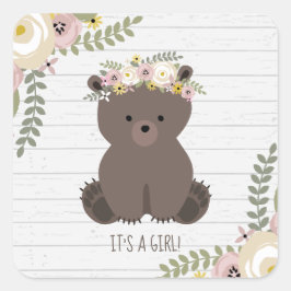 Pegatina Cuadrada Boho Bear Gray Wood Baby Shower