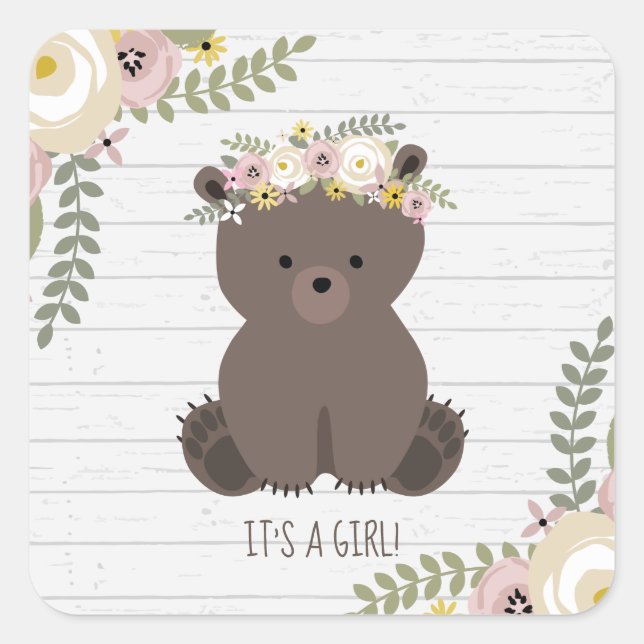 Pegatina Cuadrada Boho Bear Gray Wood Baby Shower (Anverso)