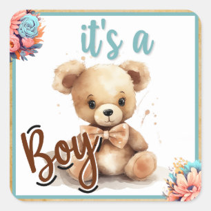 Pegatina Cuadrada Boho Blue Bear Baby Shower