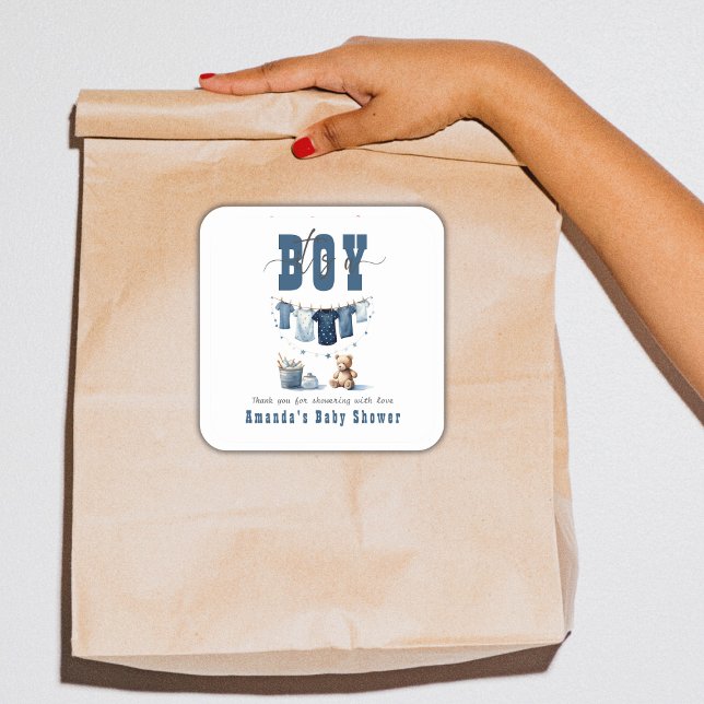 Pegatina Cuadrada Boho Blue Clothesline Sweet its a Boy Baby Shower (Subido por el creador)