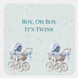 Pegatina Cuadrada Boho Blue Prams Twin Boys Baby Shower