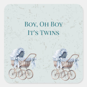 Pegatina Cuadrada Boho Blue Prams Twin Boys Baby Shower
