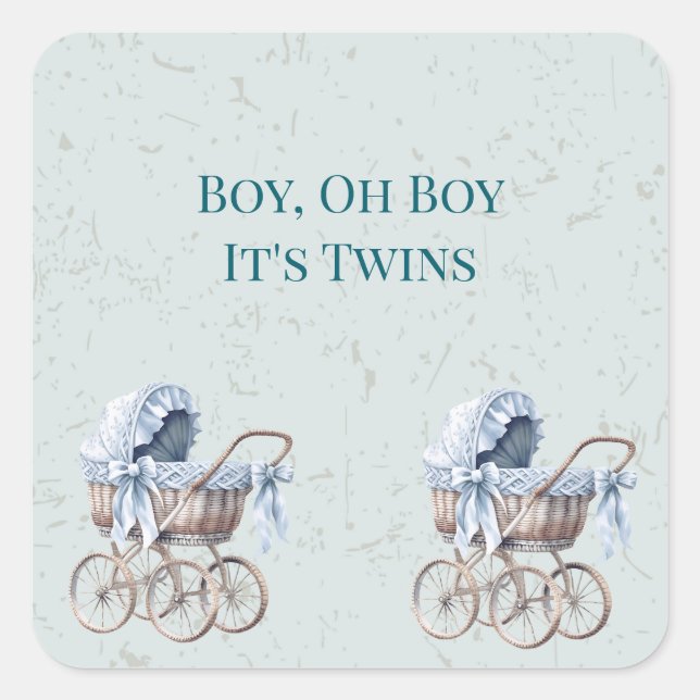 Pegatina Cuadrada Boho Blue Prams Twin Boys Baby Shower (Anverso)