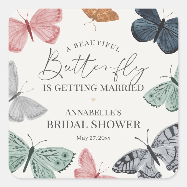 Pegatina Cuadrada Boho Butterfly Bridal Shower Invite a la Favor del (Anverso)