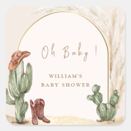 Pegatina Cuadrada Boho Cactus Arch Desert Cowboy Baby Shower