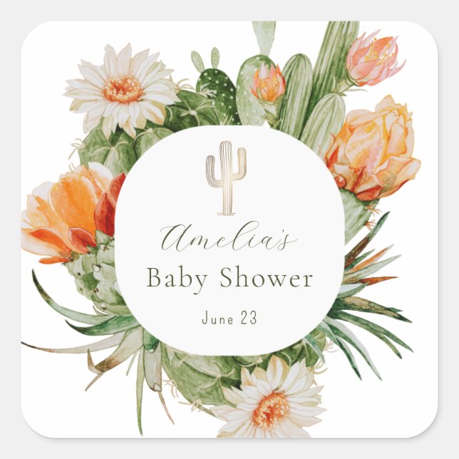 Pegatina Cuadrada Boho Cactus Baby Shower (Anverso)