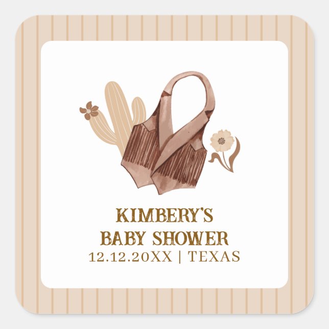 Pegatina Cuadrada Boho Cactus Cowgirl Neutral ruso Baby Shower (Anverso)