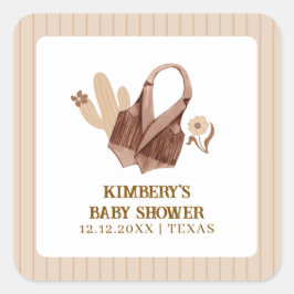 Pegatina Cuadrada Boho Cactus Cowgirl Neutral ruso Baby Shower