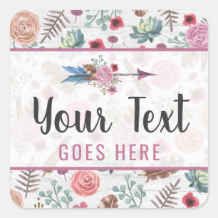 Pegatina Cuadrada Boho Chic Rústico Flecha Pluma Acuarela Bohemio