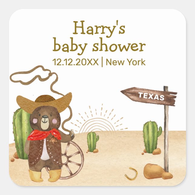 Pegatina Cuadrada Boho Cowboy Bear Western Rodeo Cactus Baby Shower (Anverso)