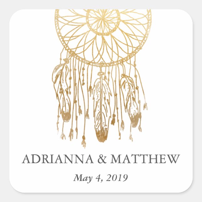 Pegatina Cuadrada Boho Dream Catcher Faux Relieve metalizado dorado  (Anverso)