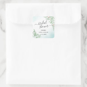 Pegatina Cuadrada Boho Dusty Blue Eucalyptus Greenery Bridal Shower