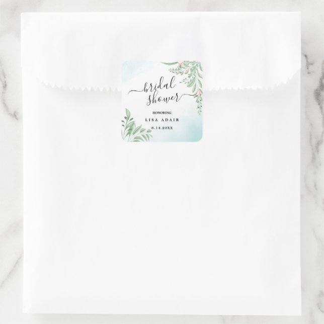 Pegatina Cuadrada Boho Dusty Blue Eucalyptus Greenery Bridal Shower (Bolso)
