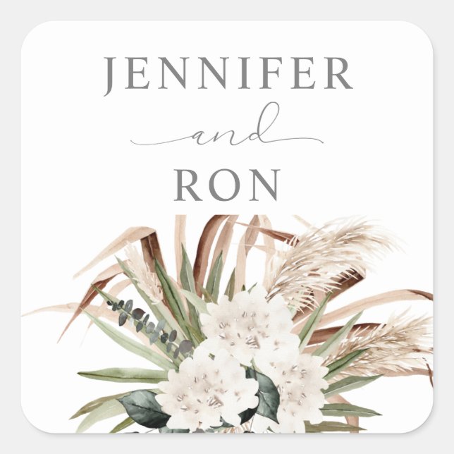 Pegatina Cuadrada Boho Eucalyptus Pampas Grass & Beige Floral (Anverso)