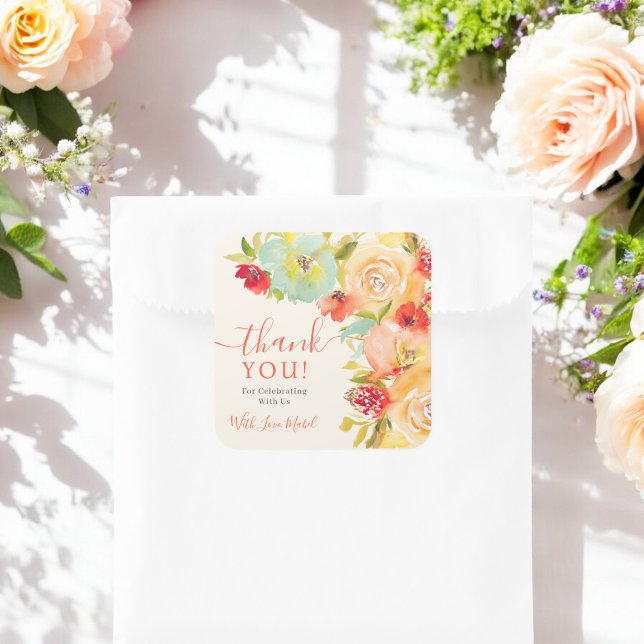 Pegatina Cuadrada Boho Fall acuarela floral ducha de novia gracias (Boho Fall floral watercolor bridal shower thanks Square Sticker)