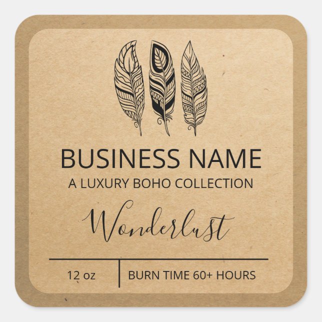Pegatina Cuadrada Boho Feather Design Kraft Paper Candle Labs (Anverso)