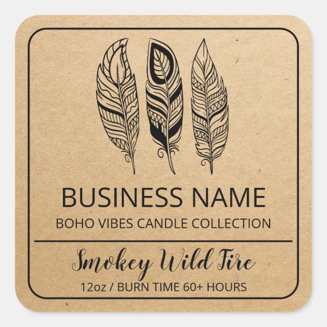 Pegatina Cuadrada Boho Feather Kraft Paper Candle (Anverso)