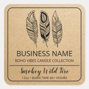 Pegatina Cuadrada Boho Feather Kraft Paper Candle