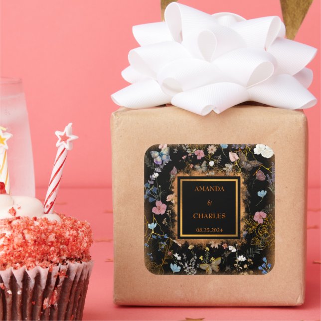 Pegatina Cuadrada Boho Floral Black Butterfly Garden Wedding (Fiesta)