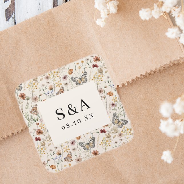 Pegatina Cuadrada Boho Floral Boda (Boho Floral Wedding Square Sticker
)