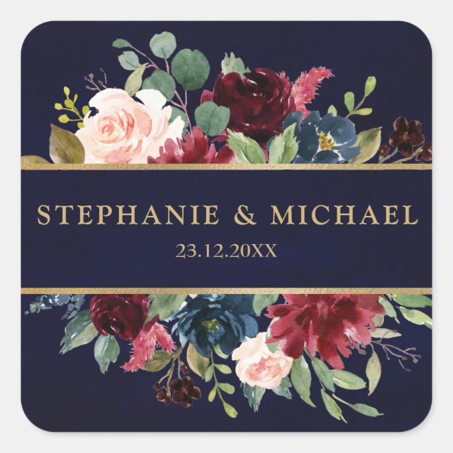 Pegatina Cuadrada Boho floral de la Marina Roja de Borgoña Gracias (Anverso)