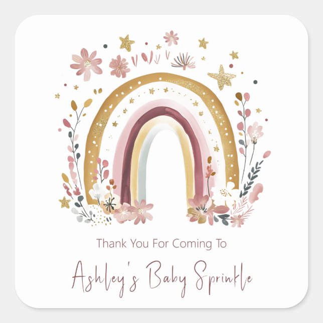 Pegatina Cuadrada Boho Floral Rainbow Baby Sprinkle Gracias (Anverso)