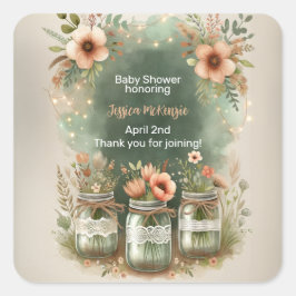 Pegatina Cuadrada Boho Floral Rustic Floral Mason Jar Baby Shower
