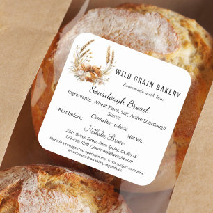 Pegatina Cuadrada Boho Floral Trigo Sourdough Bread Cottage Ley de A