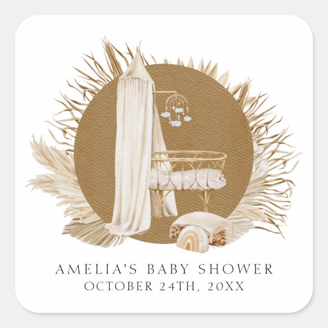 Pegatina Cuadrada Boho Florals Baby Shower (Anverso)