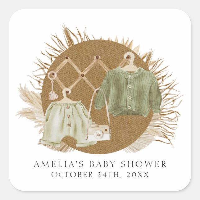 Pegatina Cuadrada Boho Florals Baby Shower (Anverso)