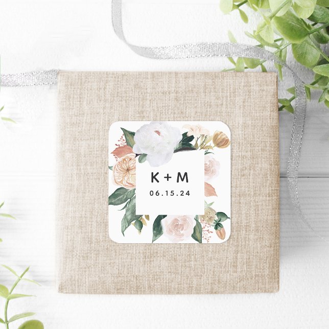 Pegatina Cuadrada Boho florece Boda floral moderno Monograma (Subido por el creador)